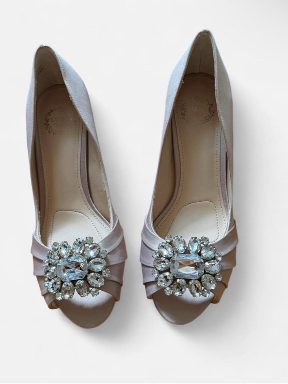 L.Miller Blush Pink Rhinestone Embellished Satin Peep-Toe Heels